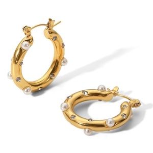 Pearl and Zircon Mix Hoop Earrings 18K Gold